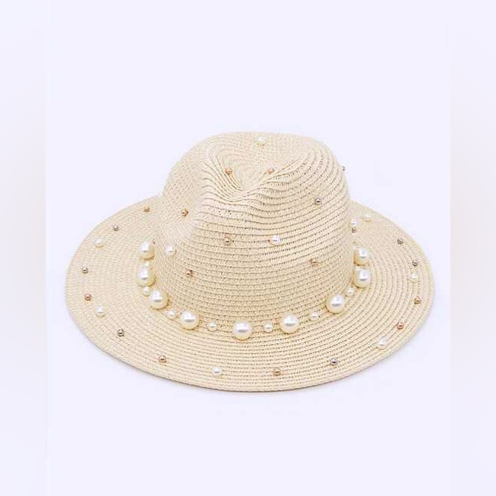Western Pearl Cowboy Fedora Wide Brim Straw Floppy Hat